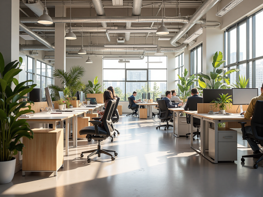 现代化办公室内部，开放式工作区域，员工正在讨论项目，白色会议桌，绿色植物装饰，明亮自然光线，专业商务环境