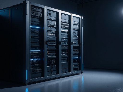 现代数据中心服务器机房，整齐排列的黑色服务器柜，蓝色指示灯闪烁，技术人员正在维护设备，现代化办公环境，专业科技氛围